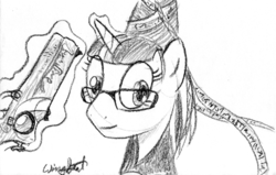 Size: 855x545 | Tagged: safe, artist:wingbeatpony, twilight sparkle, g4, alternate hairstyle, bayonetta, crossover, glasses, gun