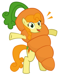 Size: 1000x1253 | Tagged: safe, artist:the smiling pony, artist:wingbeatpony, carrot top, golden harvest, pony, g4, carrot, carrot costume, clothes, costume, female, food, food costume, simple background, solo, transparent background, vector