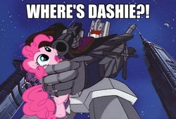 Size: 620x420 | Tagged: safe, pinkie pie, earth pony, pony, fanfic:cupcakes, g4, abuse, at gunpoint, bruticus, building, caption, clash of hasbro's titans, combiner, female, gun, handgun, image macro, implied rainbow dash, mare, meme, pinkiebuse, pistol, scared, threatening, transformers, weapon