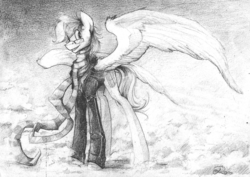 Size: 1280x907 | Tagged: safe, artist:nastylady, oc, oc only, oc:stardust mach, pegasus, pony, birthday, clothes, glasses, grayscale, jacket, leather jacket, male, monochrome, present, scarf, sketch, solo, stallion, traditional art