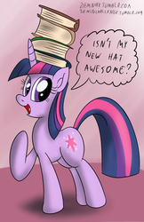 Size: 725x1120 | Tagged: safe, artist:ziemniax, twilight sparkle, pony, g4, 30 minute art challenge, book, dialogue, female, hat, solo, speech bubble, towering pillar of hats