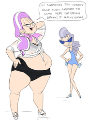 Size: 591x813 | Tagged: safe, artist:ross irving, diamond tiara, silver spoon, human, g4, chubby diamond, colored, fat, female, humanized, open mouth, simple background, swimsuit, white background