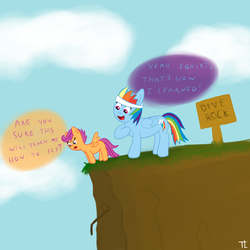 Size: 1200x1200 | Tagged: safe, artist:thexiiilightning, rainbow dash, scootaloo, g4, scootabuse, scootaloo can't fly, this will end in tears, this will end in tears and/or death