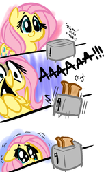Size: 795x1280 | Tagged: dead source, safe, artist:tess, fluttershy, pegasus, pony, g4, adorable distress, comic, cute, female, floppy ears, mare, open mouth, scared, screaming, shaking, shivering, shocked, shyabetes, simple background, smiling, solo, toast, toaster, white background, wide eyes