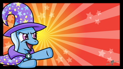 Size: 1920x1080 | Tagged: safe, artist:gray--day, trixie, g4, bust, cape, clothes, eyes open, hat, open mouth, pointing, solo, starry background, trixie's brooch, trixie's cape, trixie's hat