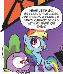 Size: 263x309 | Tagged: safe, idw, official comic, rainbow dash, spike, dragon, pegasus, pony, g4, micro-series #3, my little pony micro-series, spoiler:comic, apple cider, carrot sticks, female, heart eyes, licking, licking lips, male, mare, tongue out, wingding eyes