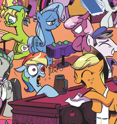 Size: 334x354 | Tagged: safe, idw, official comic, applejack, cheerilee, octavia melody, rainbow dash, trixie, g4, spoiler:comic, spoiler:comicm03, apple cider, drinking, glasses, katie cook, shell game
