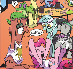 Size: 363x342 | Tagged: safe, idw, official comic, gummy, lyra heartstrings, octavia melody, pinkie pie, pony, g4, micro-series #3, my little pony micro-series, spoiler:comic, clothes, debauchery, laurel wreath, toga, unnamed character, unnamed pony