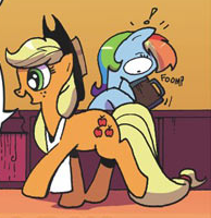 Size: 194x200 | Tagged: safe, artist:andy price, idw, official comic, applejack, rainbow dash, g4, micro-series #3, my little pony micro-series, spoiler:comic, apple cider, foomp, katie cook