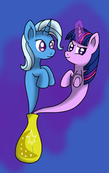 Size: 1959x3097 | Tagged: safe, artist:novaspark, trixie, twilight sparkle, genie, g4, female, lesbian, ship:twixie, shipping