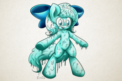 Size: 6000x4000 | Tagged: safe, artist:extradan, oc, oc only, oc:shiny slime, goo pony, original species, pony, bipedal, bow, colored pupils, dripping, female, hair bow, happy, looking at you, mare, simple background, slime, solo