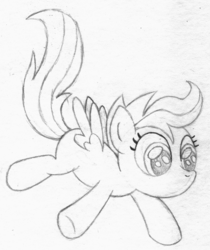 Size: 3232x3850 | Tagged: safe, artist:legeden, scootaloo, pegasus, pony, g4, falling, female, filly, mare, monochrome, mouthless, simple background, sketch, solo, traditional art