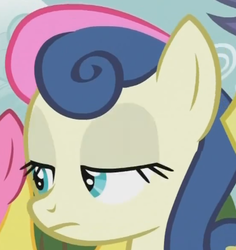 Size: 371x393 | Tagged: safe, screencap, bon bon, cherry berry, sweetie drops, earth pony, pony, g4, bon bon is not amused, cropped, lidded eyes, reaction image, solo focus