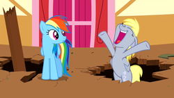Size: 830x467 | Tagged: safe, screencap, derpy hooves, rainbow dash, pegasus, pony, g4, the last roundup, female, mare
