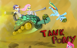 Size: 900x560 | Tagged: safe, artist:hereticofdune, fluttershy, pinkie pie, rainbow dash, rarity, tank, g4, bandage, glare, gritted teeth, gun, helmet, looking at you, minigun, pet, smiling, tank (vehicle), wat, weapon