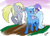 Size: 1500x1086 | Tagged: safe, artist:remenbrand, derpy hooves, dinky hooves, trixie, pegasus, pony, g4, daughter, female, lesbian, mare, mother, shipping, tripy