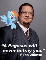 Size: 584x764 | Tagged: safe, rainbow dash, human, pegasus, pony, g4, glasses, irl, irl human, mouthpiece, necktie, penn and teller, penn fraser jillette, photo, quote, shoulder pony