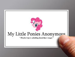 Size: 800x600 | Tagged: dead source, safe, pinkie pie, earth pony, pony, g4, alcoholics anonymous, card, female, finger, mare, open mouth, smiling, solo, text