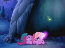 Size: 640x480 | Tagged: safe, screencap, lily lightly, firefly (insect), pony, unicorn, a very pony place, come back lily lightly, g3, cute, female, glowing, glowing horn, hide, hiding, horn, insecure, lily cutely, looking at you, night, rock, solo