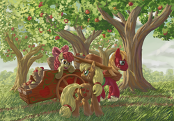 Size: 4000x2777 | Tagged: safe, artist:morevespenegas, apple bloom, applejack, big macintosh, earth pony, pony, g4, apple, apple orchard, apple siblings, apple tree, cart, male, orchard, stallion, tree