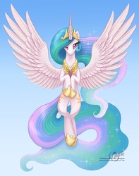 Size: 1080x1368 | Tagged: dead source, safe, artist:laurenmagpie, princess celestia, alicorn, pony, g4, collar, crown, female, flying, gradient background, hoof shoes, jewelry, looking at you, mare, necklace, regalia, solo, spread wings, tiara, wings