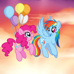 Size: 700x700 | Tagged: safe, artist:littlepinkalpaca, pinkie pie, rainbow dash, g4, balloon, then watch her balloons lift her up to the sky