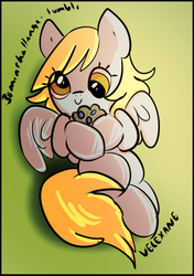 Size: 644x916 | Tagged: safe, artist:velexane, derpy hooves, pegasus, pony, g4, 30 minute art challenge, c:, chibi, cute, derpabetes, female, hoof hold, mare, muffin, smiling, solo, spread wings