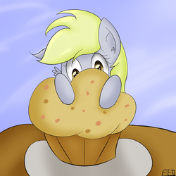 Size: 1280x1280 | Tagged: safe, artist:freefraq, derpy hooves, pegasus, pony, g4, female, giant muffin, mare, muffin