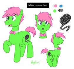 Size: 777x727 | Tagged: safe, artist:archfaux, oc, oc only, oc:mise-en-scéne, bowtie, film reel, reference sheet