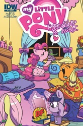Size: 627x951 | Tagged: safe, artist:amy mebberson, idw, applejack, fluttershy, gummy, pinkie pie, twilight sparkle, alligator, earth pony, pony, g4, official, book, cheek kiss, clean, comic, cover, female, kissing, mane six, mare, slumber party, yawn