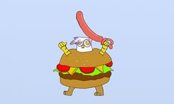 Size: 1511x900 | Tagged: safe, artist:evetssteve, gilda, griffon, g4, bipedal, blue background, burger, derp, female, food, hamburger, no pupils, simple background, solo, sword, wat, wide eyes