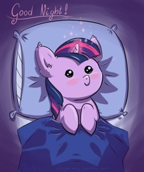 Size: 700x835 | Tagged: safe, artist:erysz, twilight sparkle, pony, g4, baby, baby pony, babylight sparkle, beady eyes, blanket, blushing, cute, ear fluff, female, filly, foal, good night, magic, pillow, solo, twiabetes