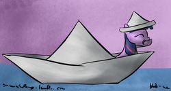 Size: 1280x688 | Tagged: safe, artist:neko-me, twilight sparkle, pony, g4, 30 minute art challenge, eyes closed, female, filly, filly twilight sparkle, hat, paper boat, paper hat, solo, water, younger