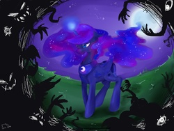 Size: 1400x1050 | Tagged: safe, artist:foxda, princess luna, alicorn, pony, g4, female, full moon, glowing horn, horn, magic, moon, night, shadow, solo