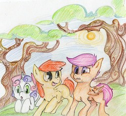 Size: 686x634 | Tagged: safe, artist:foxda, apple bloom, scootaloo, sweetie belle, earth pony, pegasus, pony, unicorn, g4, blank flank, cutie mark crusaders, female, filly, traditional art, trio