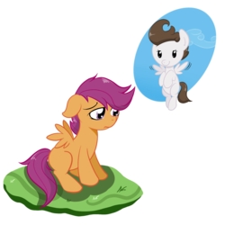 Size: 1401x1402 | Tagged: dead source, safe, artist:3d4d, pound cake, scootaloo, pegasus, pony, g4, duo, female, filly, flying, sad, scootaloo can't fly, simple background, transparent background