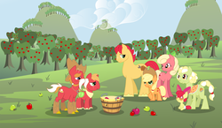 Size: 1280x744 | Tagged: safe, artist:ellisarts, artist:epi-centric, artist:uxyd, apple bloom, applejack, big macintosh, granny smith, oc, earth pony, pony, g4, apple, apple family, male, parent, stallion, sweet apple acres, younger