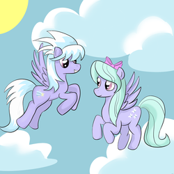 Size: 1024x1024 | Tagged: safe, artist:jellielucy, cloudchaser, flitter, pegasus, pony, g4, cloud, duo, duo female, female, flying, mare