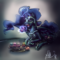 Size: 4000x4000 | Tagged: safe, artist:alumx, nightmare moon, pony, g4, absurd resolution, cupcake, elements of harmony, fangs, female, food, platter, slender, solo, thin