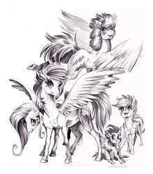 Size: 2100x2381 | Tagged: safe, artist:aspendragon, firefly, fluttershy, pound cake, rainbow dash, scootaloo, g1, g4, grayscale, simple background