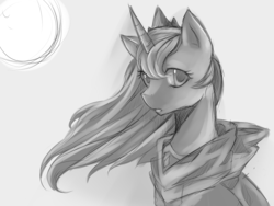 Size: 1600x1200 | Tagged: safe, artist:meewin, princess luna, pony, g4, cloak, clothes, female, grayscale, monochrome, moon, sketch, solo