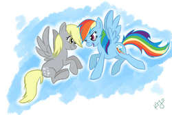 Size: 1500x1000 | Tagged: safe, artist:kaotikjuju, derpy hooves, rainbow dash, pegasus, pony, g4, female, lesbian, mare, ship:derpydash, shipping, wink