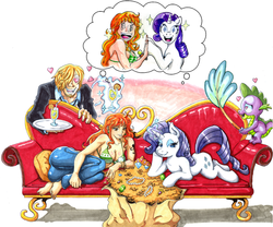 Size: 1350x1125 | Tagged: safe, artist:irie-mangastudios, rarity, spike, g4, couch, crossover, gem, nami, one piece, thought bubble, traditional art, treasure, vinsmoke sanji