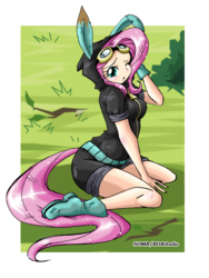 Size: 600x800 | Tagged: safe, artist:boastudio, fluttershy, human, g4, adorasexy, boots, bunny ears, clothes, cute, dangerous mission outfit, female, gloves, goggles, hoodie, humanized, looking at you, one eye closed, sexy, shoes, solo, tailed humanization
