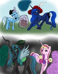 Size: 1698x2152 | Tagged: safe, artist:phantasmicdream, princess cadance, princess luna, queen chrysalis, trixie, g4, comic, odd leg anatomy, oz, oz the great and powerful, parody