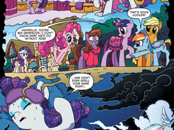 Size: 1041x778 | Tagged: source needed, safe, idw, official comic, applejack, maybelle, pinkie pie, rainbow dash, rarity, twilight sparkle, alicorn, earth pony, pegasus, pony, unicorn, g4, official, spoiler:comic, spoiler:comic05, 20% cooler, bed, clothes, comic, crossover, dream, dreams, eyes closed, female, floppy ears, frown, gravity falls, grin, looking back, mabel pines, male, mare, nightmare rarity (arc), on back, open mouth, raised hoof, saddle bag, sleeping, smiling, species swap, starry eyes, sweat, sweater, turtleneck, wide eyes, wingding eyes