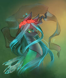 Size: 1000x1186 | Tagged: safe, artist:erinliona, queen chrysalis, changeling, changeling queen, g4, beautiful, crown, female, floral head wreath, flower, jewelry, regalia, rose, solo