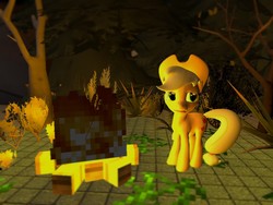 Size: 1024x768 | Tagged: safe, artist:hano, applejack, g4, alone, bonfire, female, fire, forest, grass, minecraft, night