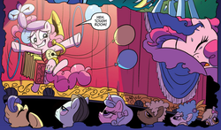 Size: 1043x615 | Tagged: safe, idw, official comic, bruce mane, derpy hooves, majesty, majesty (g4), masquerade, pinkie pie, royal ribbon, sealed scroll, pegasus, pony, g4, official, spoiler:comic, balloon, comic, female, mare