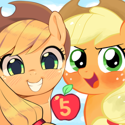 Size: 600x600 | Tagged: safe, artist:aruurara, artist:momo, applejack, g4, 5, crossover, duality, obligatory apple, self ponidox, tumblr ponidox